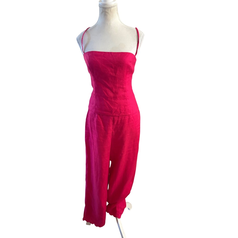 REFORMATION Hot Pink Linen Scalloped Matching Set Liam Pants Overland top Sz 4